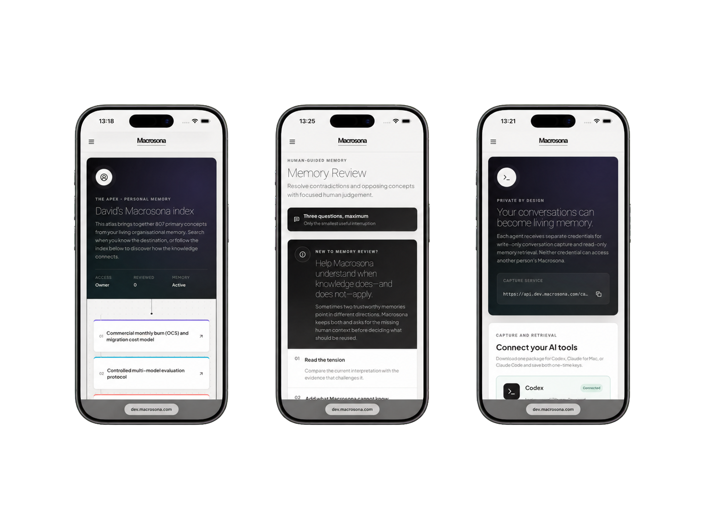Macrosona mobile interfaces showing personal memory, memory review and private connections